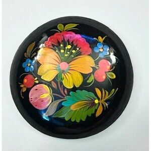 Vtg Trinket Box Black Enamel Hand Painted Lidded Wooden Flowers Ukraine